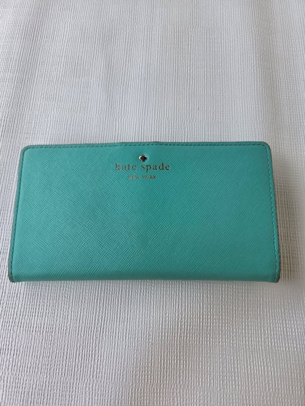 Kate Spade Mikas Pond Staci Folding Wallet Vibrant Aqua Green Saffiano Leather